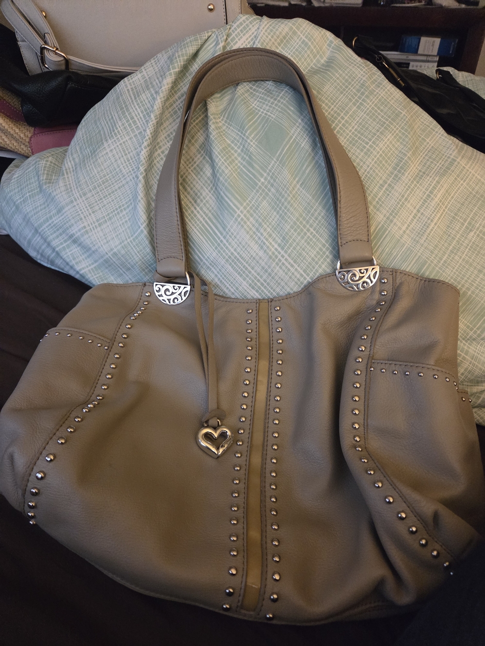 Brighton Taupe Studded Hobo Bag with Heart Charm